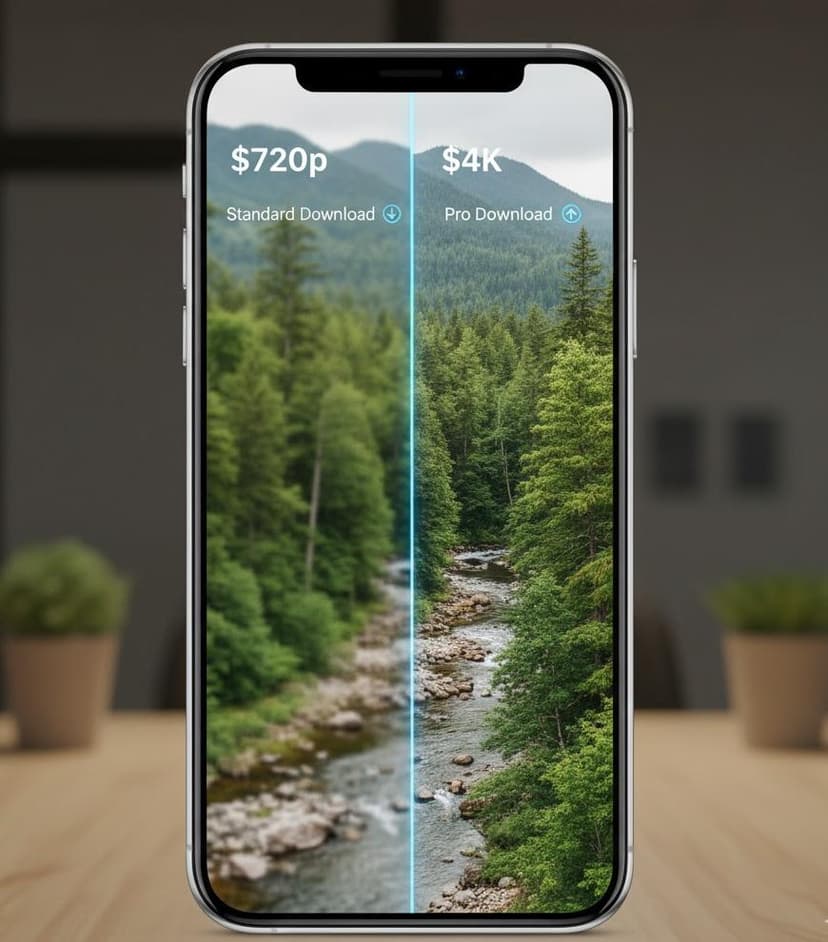 Side-by-side comparison on an iPhone screen showing the pixel difference between a standard 720p download and a crisp 4K Pro download.