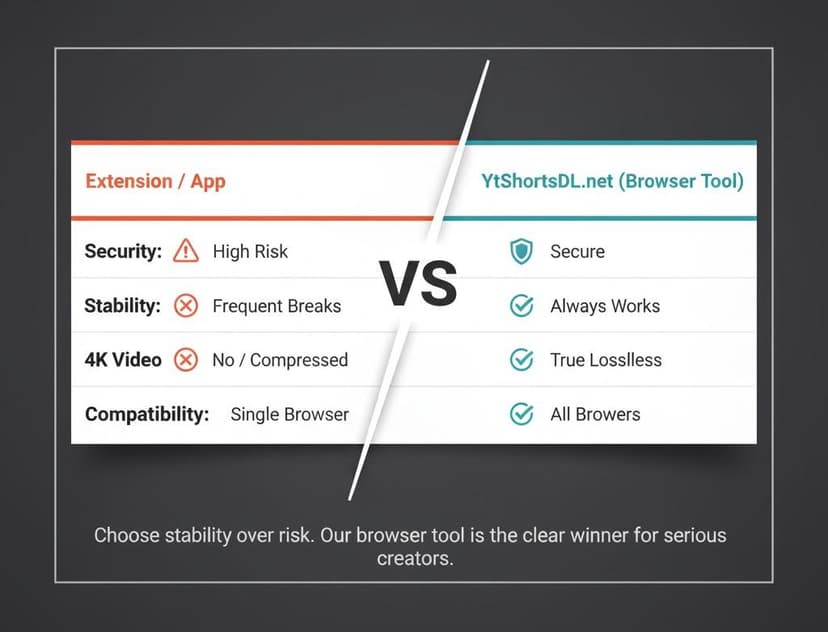 Side-by-side comparison table showing superior security, stability, and 4K support for the YtShortsDL online downloader versus a standard Chrome extension.