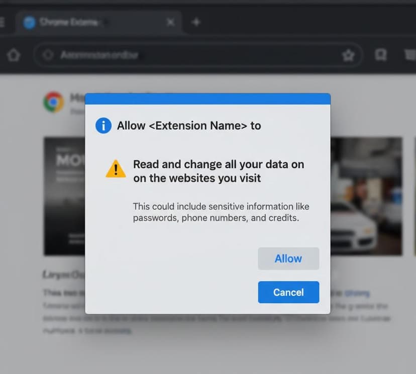 Screenshot of a Chrome Extension pop-up asking for permission to read and change all your data on the websites you visit.