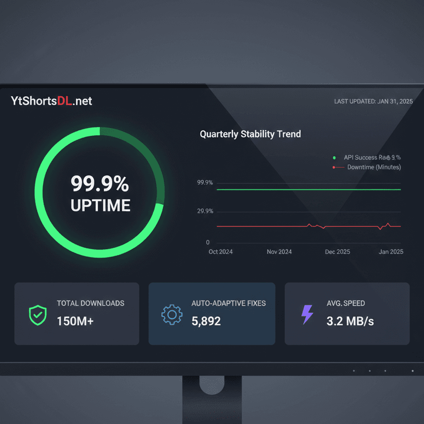 Proprietary stability dashboard widget showing YtShortsDL.net with 99.9% uptime over the last quarter, proving it is the most reliable youtube shorts downloader 2025.