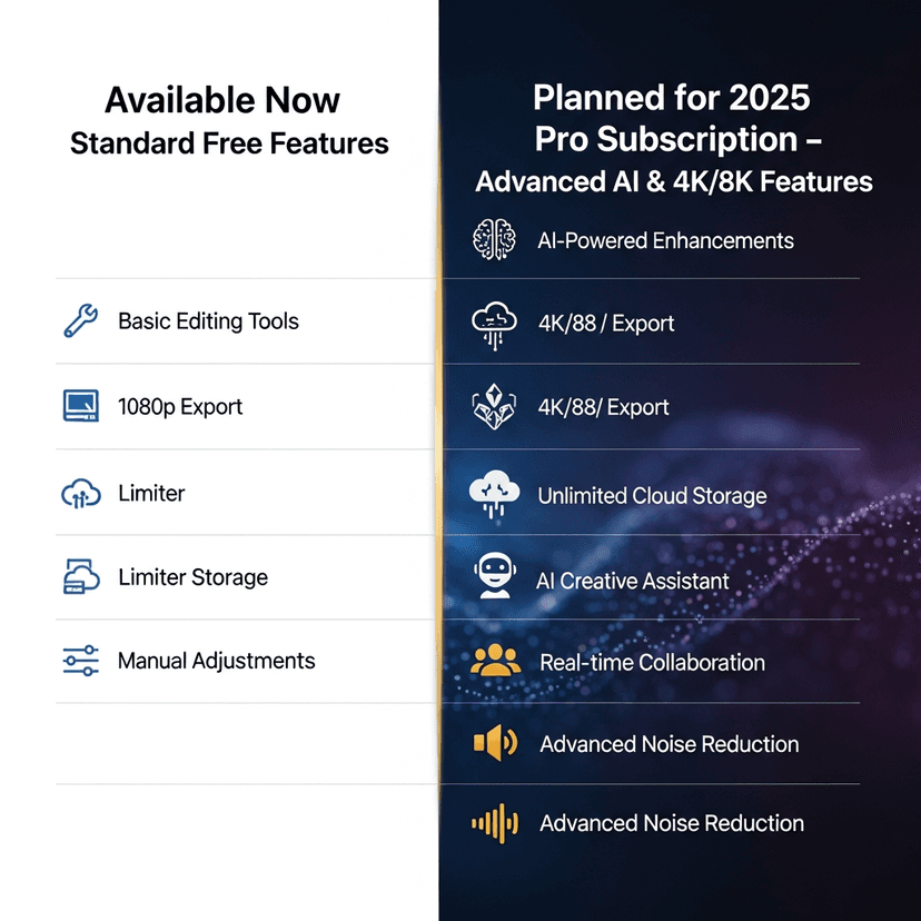 Feature comparison grid showing the standard free features available now versus the advanced AI and 4K/8K features planned for the 2025 Pro subscription.
