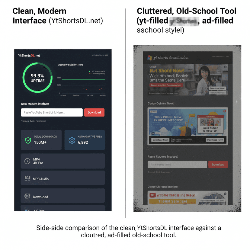 Side-by-side comparison of the clean, modern YtShortsDL interface against a cluttered, ad-filled old-school tool (yt shorts downloaden style).