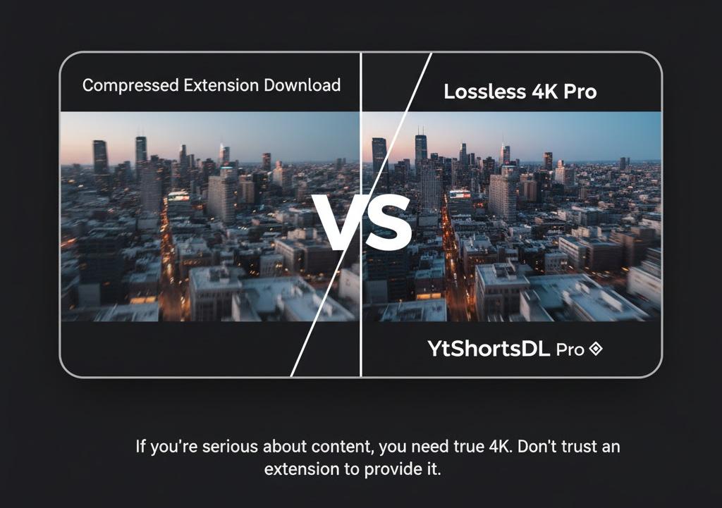 Graphic comparing the compressed video file quality from a free yt shorts downloader extension versus the lossless 4K quality from YtShortsDL Pro.
