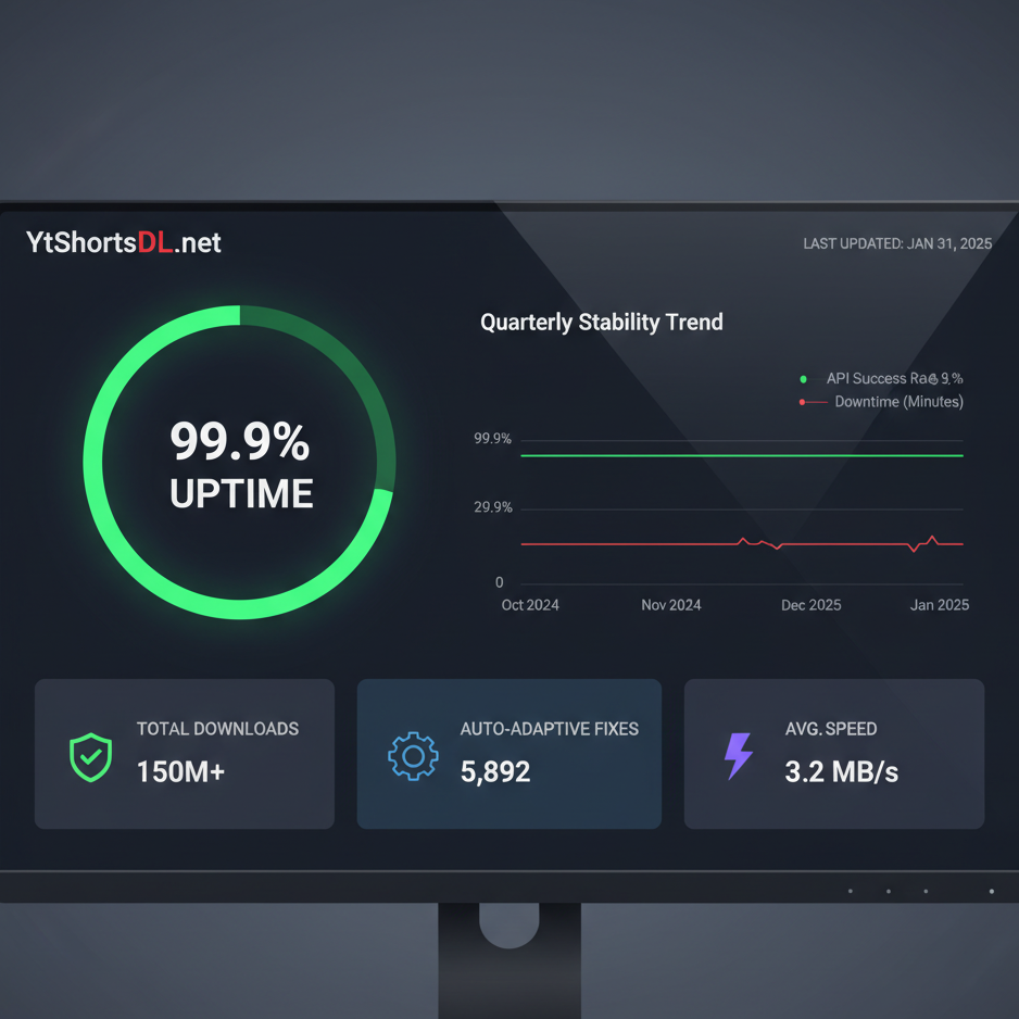 Proprietary stability dashboard widget showing YtShortsDL.net with 99.9% uptime over the last quarter, proving it is the most reliable youtube shorts downloader 2025.