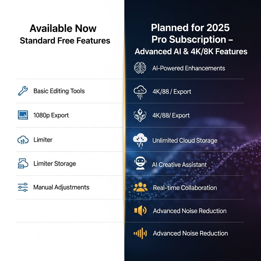 Feature comparison grid showing the standard free features available now versus the advanced AI and 4K/8K features planned for the 2025 Pro subscription.