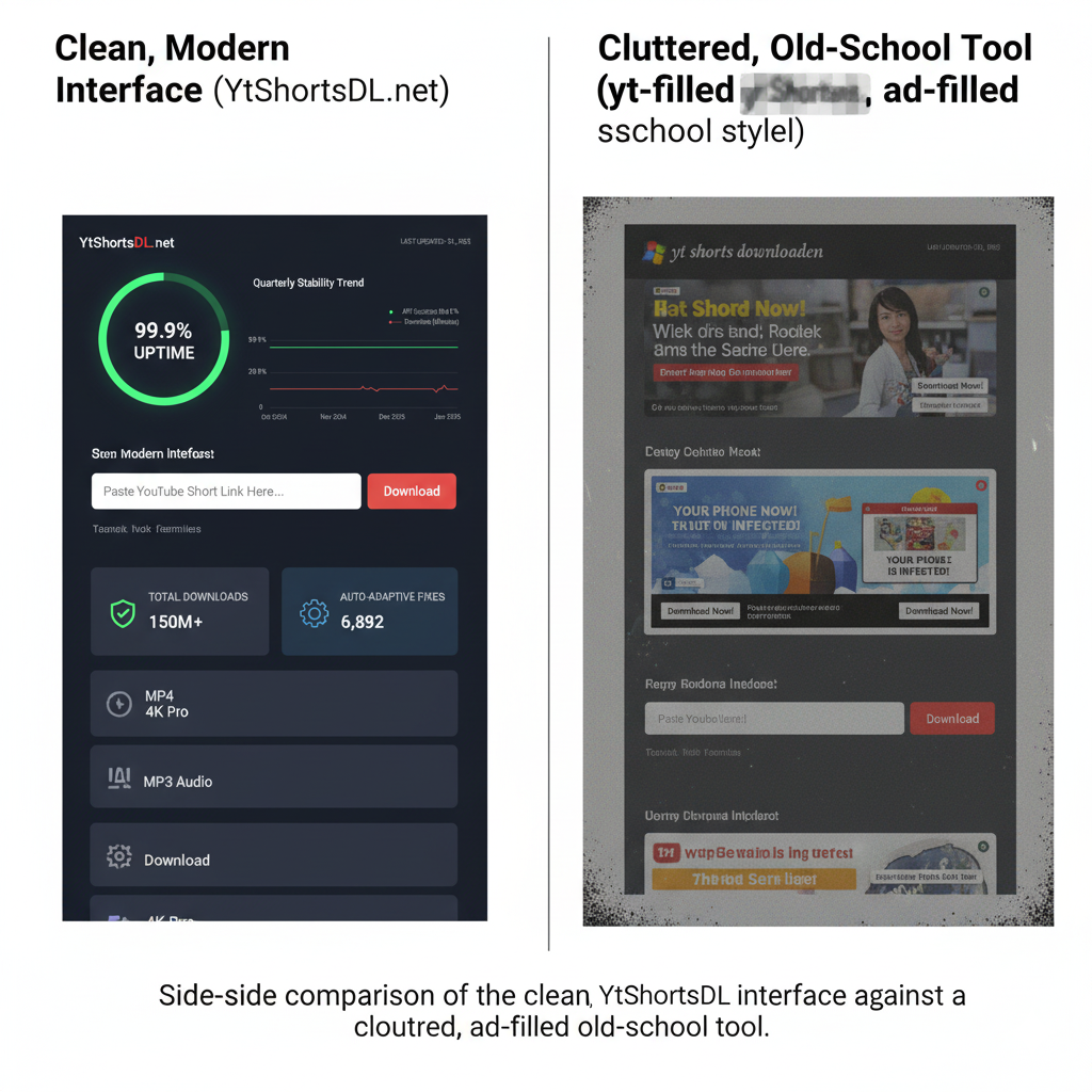 Side-by-side comparison of the clean, modern YtShortsDL interface against a cluttered, ad-filled old-school tool (yt shorts downloaden style).